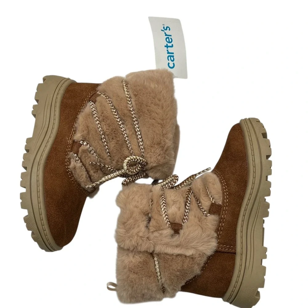 Carter's Toddler Girls Faux Fur‎ Warm Winter Boots Size 8 Tan-Brown Lightweight